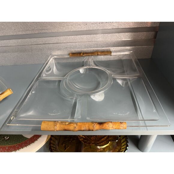 Vintage 1970s Lucite Acrylic Bamboo Handle Serving Tray Set – Mid Century Modern - Picture 4 of 15